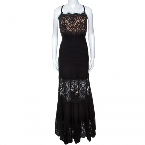 Tadashi Shoji Black Lace Insert Pintuck Detail Evening Gown L