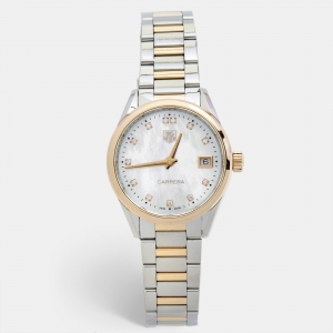 Pre Owned Tag Heuer Mother Of Pearl Diamond 18K Rose Gold Stainless Steel Carrera WAR1352.BD0779 Women's Wristwatch 32 mm