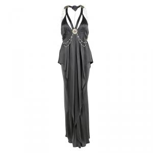 Temperley London Charcoal Grey Silk Embellished Backless Layered Gown M