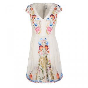 Temperley London Beige Toledo Embroidered V- Neck Silk Pleated Dress L