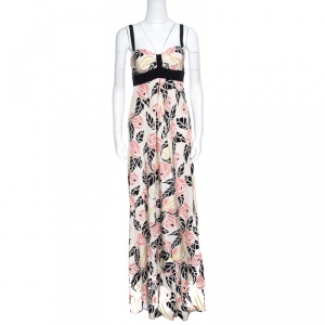 Temperley Beige Rose Printed Silk Contrast Trim Waterfall Gown M
