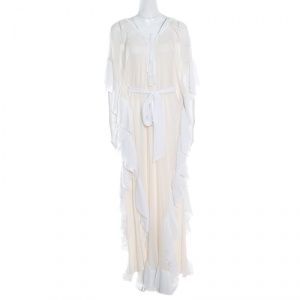 Temperley Cream Silk Pleated Border Detail Belted Keira Kaftan Maxi Dress L