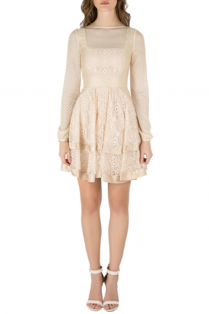 Temperley London Beige Geometric Lace and Mesh Paneled Long Sleeve Dress S