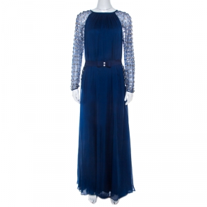 Temperley London Blue Embellished Silk Chiffon Belted Evening Gown L 