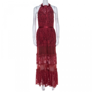 Temperley London Red Floral Sheer Lace Tiered Sleeveless Maxi Dress M
