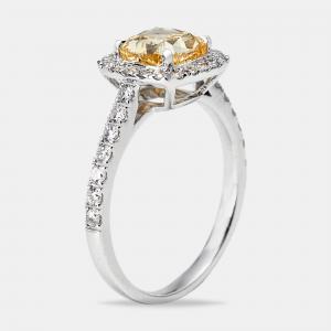 Pre Owned 2.00 cts Yellow Cushion and Round Lab Grown Diamond 18k White Gold Ring Size 51