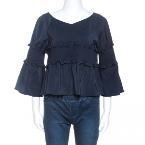 Tibi Navy Blue Stretch Jersey Smocked Detail Bell Sleeve Top M