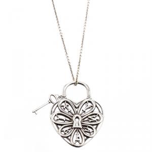 Pre Owned Tiffany & Co. Filigree Heart Pendant With Key Silver Chain Necklace 