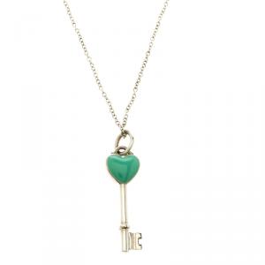 Pre Owned Tiffany & Co. Heart Key Enamel Silver Pendant Chain Necklace