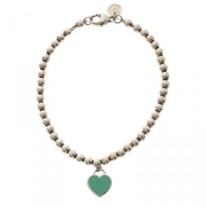 Pre Owned Tiffany & Co. Return to Tiffany Blue Enamel Heart Tag Silver Beads Bracelet 