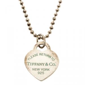 Pre Owned Tiffany & Co. Return To Tiffany Heart Tag Enamel Finish Pendant Silver Bead Necklace