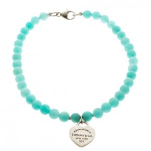 Pre Owned Tiffany & Co. Return To Tiffany Mini Heart Tag Silver Amazonite Bead Bracelet