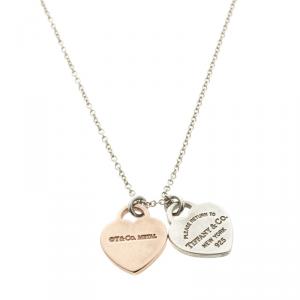 Pre Owned Tiffany & Co. Return To Tiffany Double Heart Tag Rubedo Silver Pendant Chain Necklace
