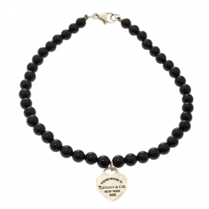 Pre Owned Tiffany & Co. Return To Tiffany Silver Heart Tag Onyx Bead Bracelet