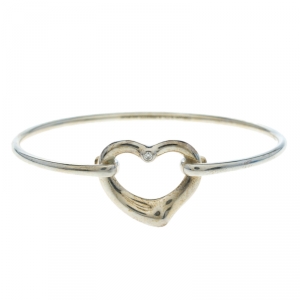 Pre Owned Tiffany & Co. Elsa Peretti Open Heart Diamond Embedded Silver Bangle