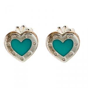 Pre Owned Tiffany & Co. Love Heart Blue Enamel Silver Stud Earrings 