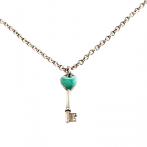 Pre Owned Tiffany & Co. Heart Key Enamel Silver Chain Link Long Pendant Necklace