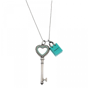 Pre Owned Tiffany & Co. Silver Heart Key and Shopping Bag Charm Necklace