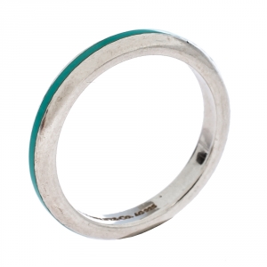 Pre Owned Tiffany & Co. Blue Enamel Inlay Silver Band Ring Size 55