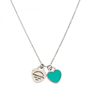 Pre Owned Tiffany & Co. Return to Tiffany Mini Enamel Double Heart Tag Silver Pendant Necklace