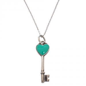 Pre Owned Tiffany & Co. Blue Enamel Heart Key Silver Pendant Necklace 