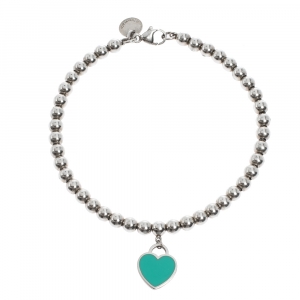 Pre Owned Tiffany & Co. Return to Tiffany Blue Enamel Heart Tag Silver Bead Bracelet 
