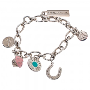 Pre Owned Tiffany & Co. Multi Charm Enamel Silver Chain Link Bracelet