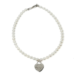Pre Owned Tiffany & Co. Sterling Silver Mini Heart Tag Freshwater Pearl Bracelet