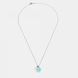 Pre Owned Tiffany & Co. Return to Tiffany Blue Mini Double Heart Tag Silver Pendant Necklace