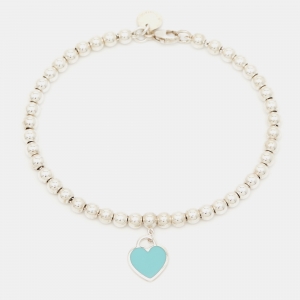 مملوكة مسبقًا Tiffany & Co. Return To Tiffany Blue Enamel Heart Tag Silver Bead Bracelet