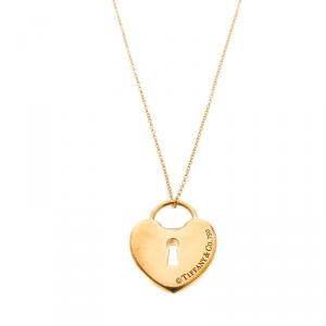 Pre Owned Tiffany & Co. Heart Lock Keyhole 18k Yellow Gold Pendant Necklace