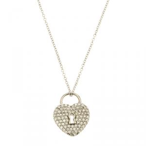 Tiffany & Co. Heart Lock Diamond Paved Platinum Pendant & 18k White Gold Chain Necklace