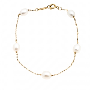 Pre Owned Tiffany & Co. Cultured Pearl 18k Yellow Gold Station Bracelet