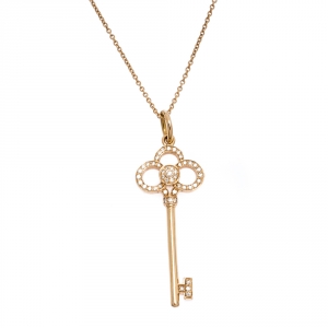 Pre Owned Tiffany & Co. Crown Key Diamond 18k Rose Gold Pendant Necklace