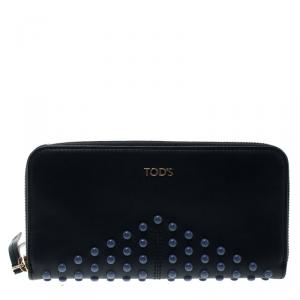 Tod's Navy Blue Leather Zip Around Studded Continental Wallet