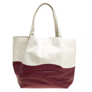 Pre Owned Tod's White/Burgundy Leather Medium Flower Tote