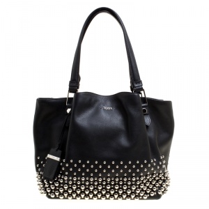 Pre Owned Tod's Black Leather Small Flower Studded Shopper Tote