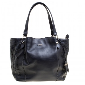 Tod's Black Laser Cut Leather Medium Flower Tote