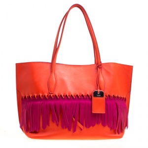 Tod's Coral Red/Fuchsia Pink Leather Origami Fringe Shopping Tote