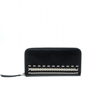 Tod's Black/White Woven Detail Leather Zip Around Wallet