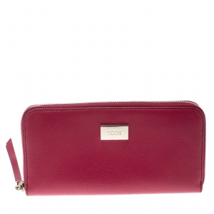 Tod's Fuchsia Leather Zip Around Continental Wallet