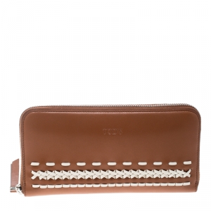 Tod's Brown/White Leather Woven Detail Zip Around Continental Wallet