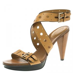 Pre Owned صندل تودز نعل سميك سيور كاحل قصة متقاطعة جلد بني مقاس 39.5