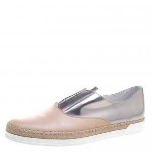 Pre Owned Tod's Metallic Silver and Blush Pink Leather Francesina Slip On Espadrille Sneakers Size 40