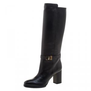 Pre Owned حذاء بوت تودز طويل إبزيم كعب عريض جلد أسود مقاس 39.5