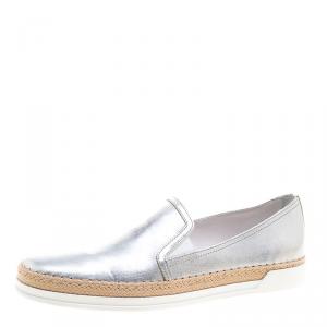 Pre Owned Tod's Metallic Silver Leather Pantofola Espadrille Slip On Sneakers Size 40