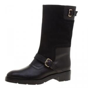 Pre Owned Tod's Black Leather and Suede Fibbie Mid Calf Biker Boots Size 37