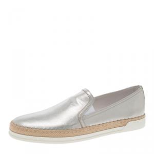Pre Owned Tod's Metallic Silver Leather Pantofola Espadrille Slip On Sneakers Size 37.5