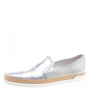 Pre Owned Tod's Metallic Silver Leather Pantofola Espadrille Slip On Sneakers Size 39