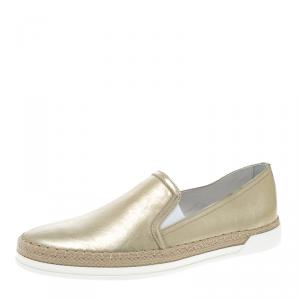 Pre Owned Tod's Metallic Gold Leather Pantofola Espadrille Slip On Sneakers Size 38
